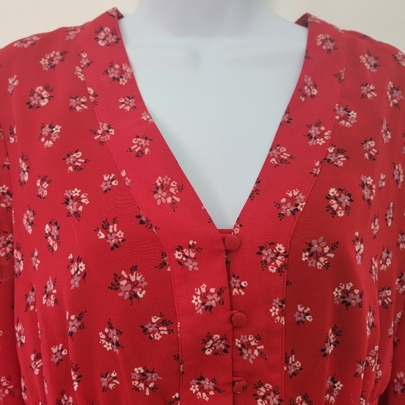 Madewell Georgette Retro Fem Red Floral Blouse Button Accent Ruffle Size XS - Picture 3 of 11